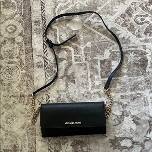 Michael Kors Black Leather Clutch with Gold Chain